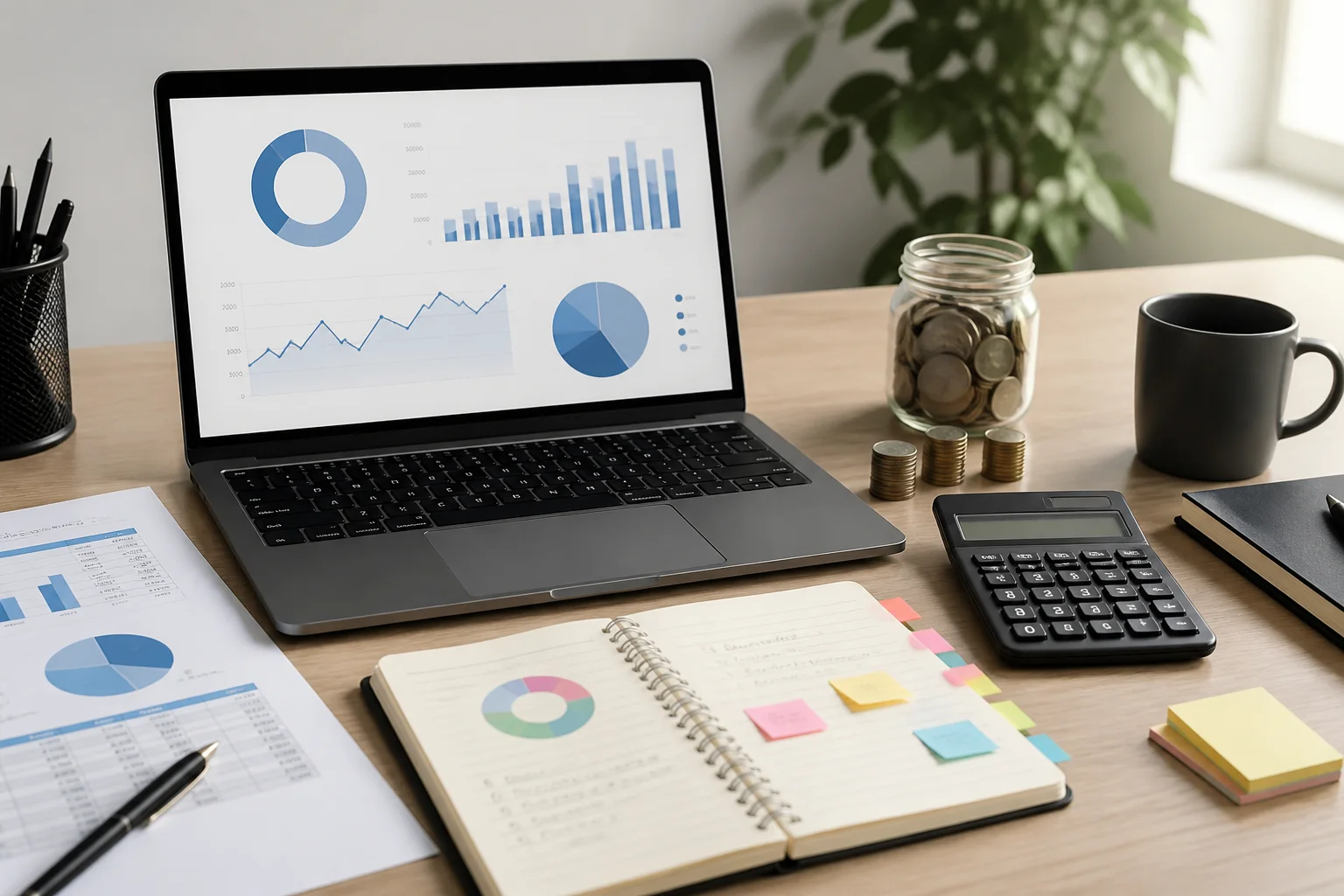 Pracovný stôl s notebookom, kalkulačkou, mincami a papiermi používanými pri plánovaní investícií.