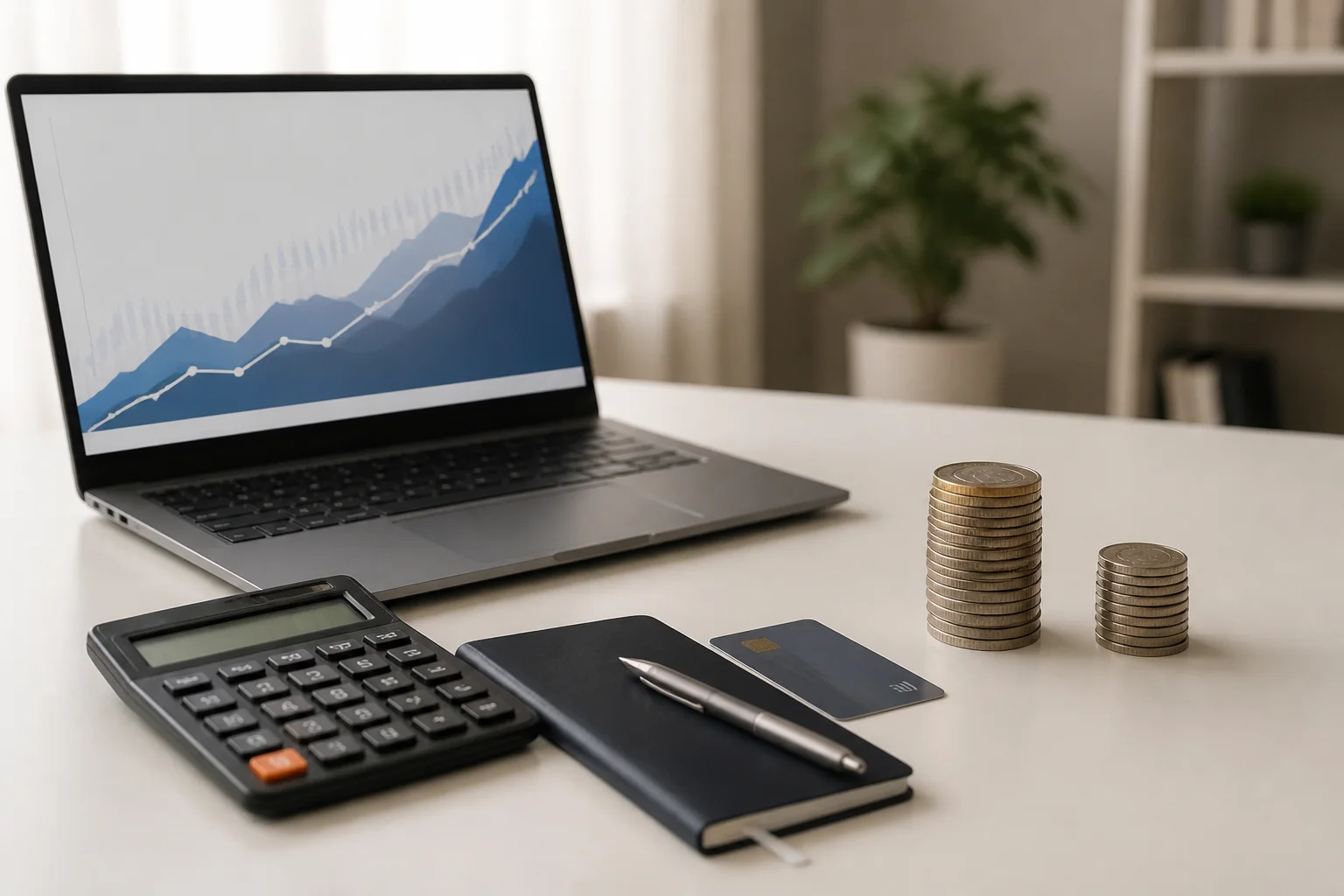 Stôl s notebookom, kalkulačkou, zápisníkom a dvoma kôpkami mincí pri plánovaní investícií.