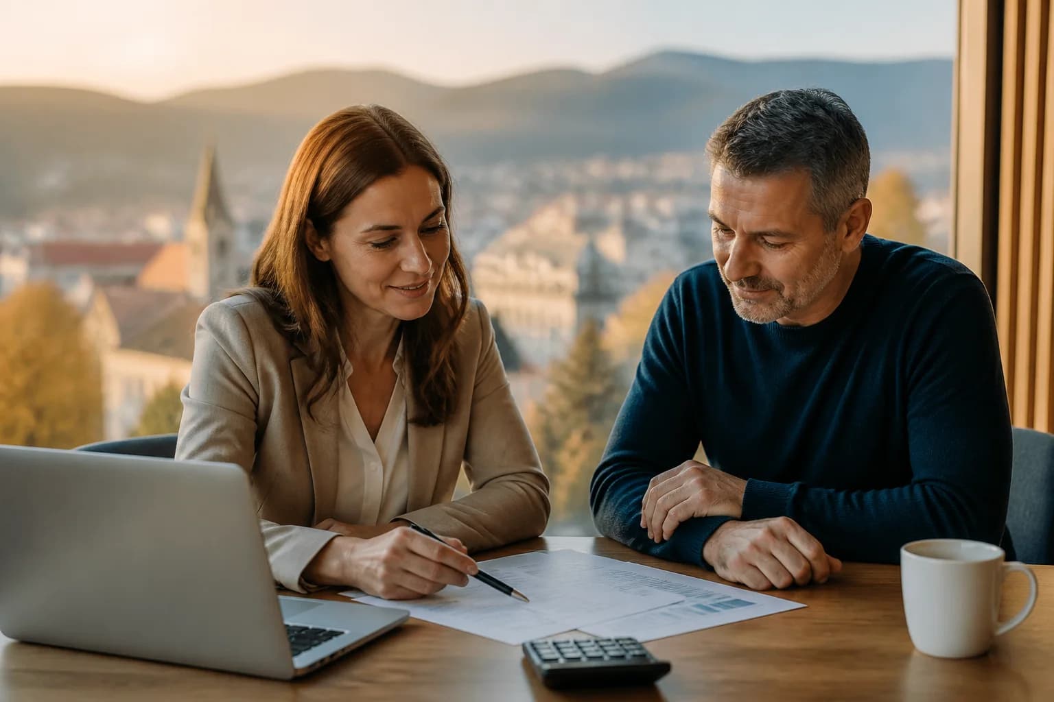 Finančný poradca sedí s klientom pri stole s notebookom, dokumentmi a kalkulačkou.