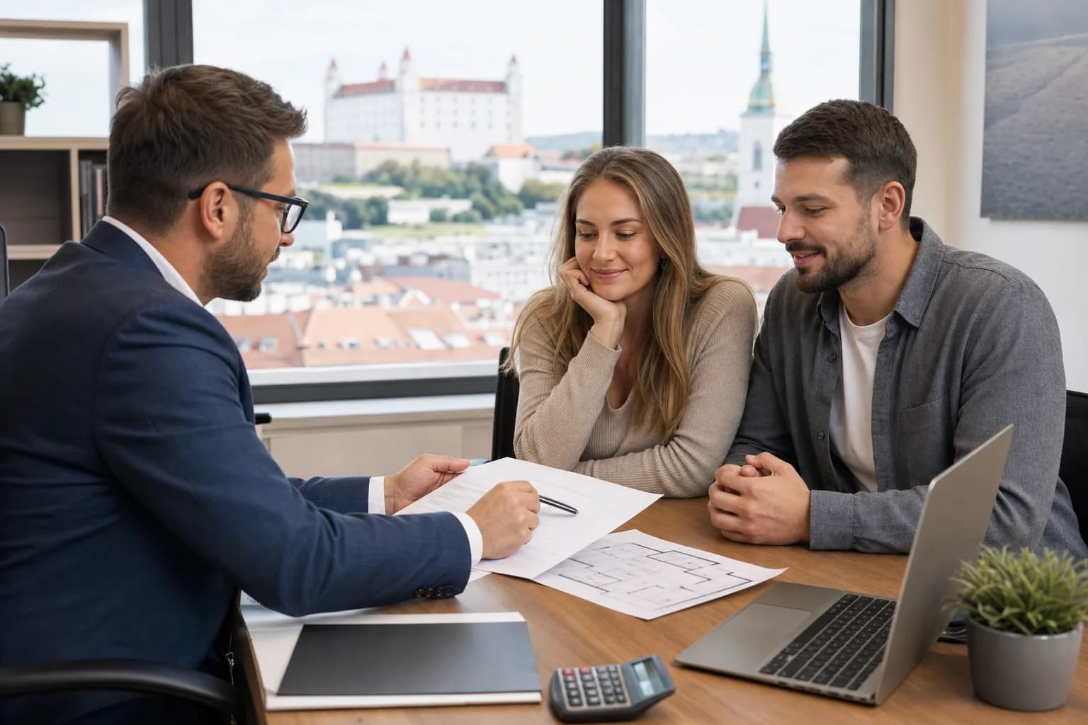 Finančný sprostredkovateľ sedí s párom pri stole s dokumentmi, notebookom a kalkulačkou v modernej kancelárii.