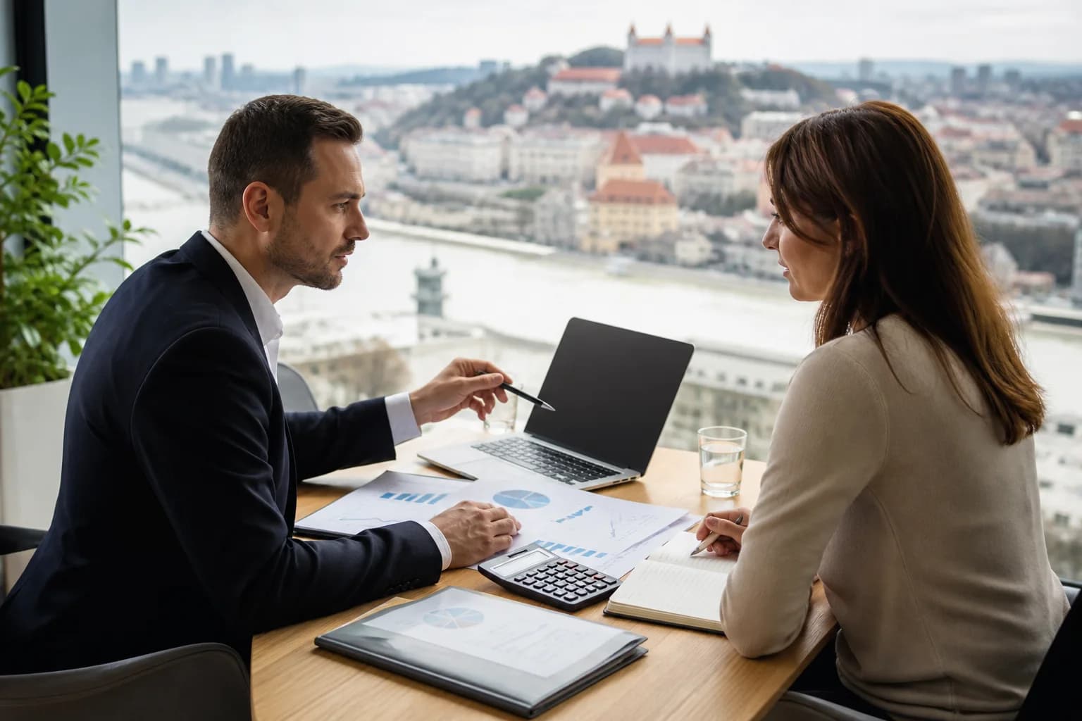 Stôl s notebookom, finančnými dokumentmi a kalkulačkou počas poradenského stretnutia v Bratislave.