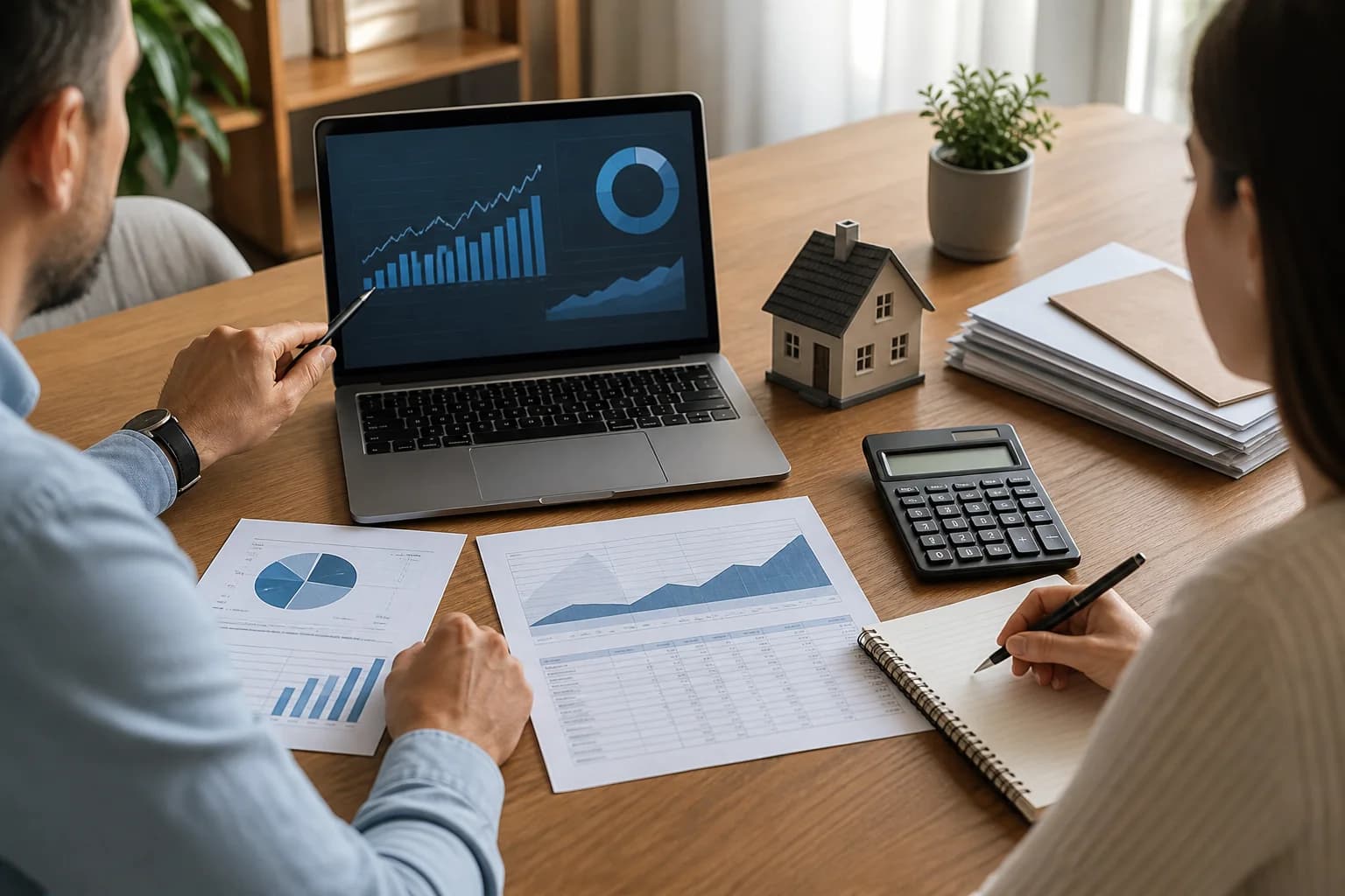 Stôl s notebookom, modelom domu, kalkulačkou a dokumentmi pri rozhodovaní medzi investovaním a hypotékou.